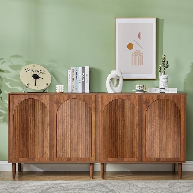 Bifins 94.5” Fluted Sideboard Buffet Cabinet with Storage,Mid Century Modern Long Wood Storage Cabinet with Arched Profile for Dining Room Kitchen Living Room