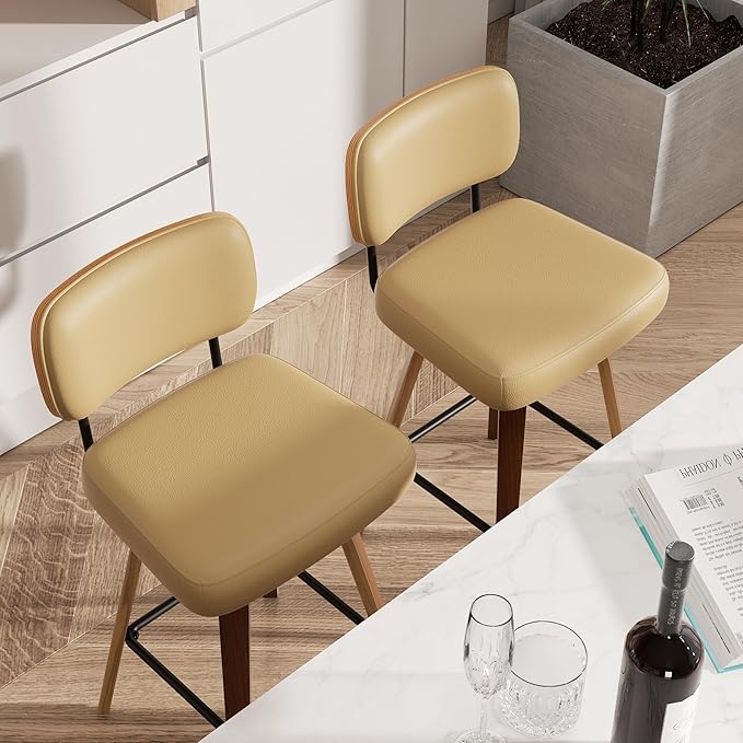 Swivel Bar Stools Set of 2, 26" Upholstered Faux Leather Counter Height Barstools with Walnut Back & Bentwood Legs, Mid Century Modern Bar Chairs Island Stools for Kitchen Counter, Khaki