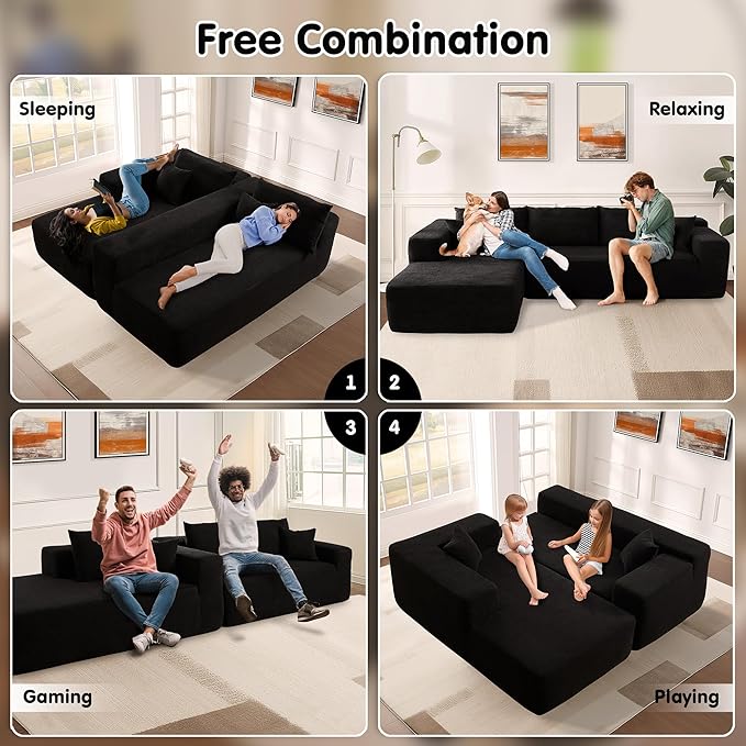 ovios 104" Cloud Boneless Couch with L-Shape Chaise,Modern Sectional Modular Sofa with Deep Seat, Upholstered Couches for Living Room Bedroom,No Assembly Required, Black (Corduroy Fabric)