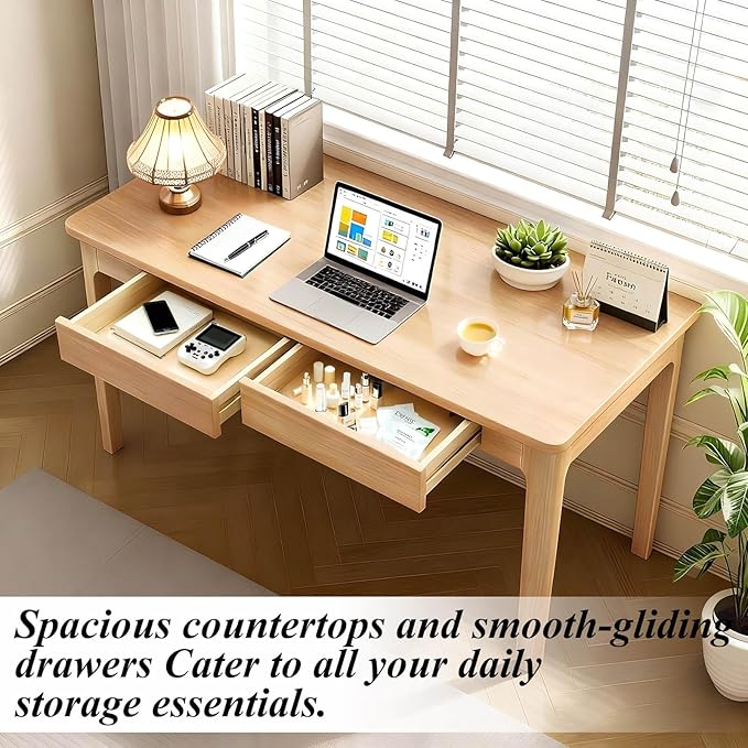 Solid Wood Desk,40" Oak Wooden Desk with Drawers,Mid Century Modern Small Computer Desk with Drawers for Small Spaces Home Office Solid Wood Writing Desk (Wood Color-1, 40")