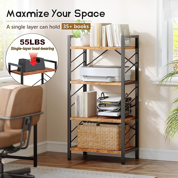 DurayLoly 4 Tier Bookshelf, Industrial Bookcase with Metal Frame and Sidebars, Small Bookshelf for Bedroom, Home Office and Living Room, Rustic Brown