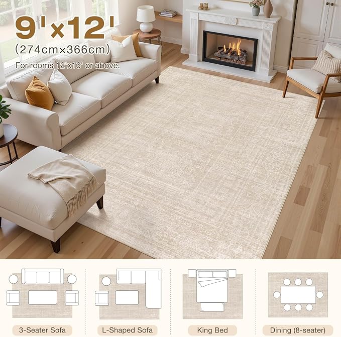 Nakagishi Area Rugs 9x12 Living Room: Washable Large Vintage Beige Rug Neutral Non-Slip Soft Stain Resistant Indoor Carpet for Bedroom Nursery Dining Room Under Table Bed Home House Office Playroom