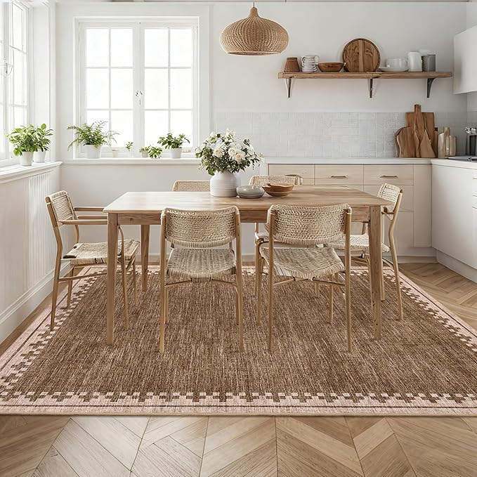 GarveeHome 5x7 Area Rug Washable Living Room Non Slip Modern Border Large Bedroom Throw Carpet Soft Stain Resistant Geometric Dining Room Rug Low Pile Cross Carpets for Nursery Dorm Home Office, Brown