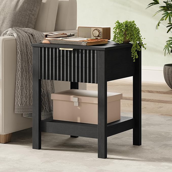 Fluted Night Stand with Golden Handle,Mid-Century Nightstands with Drawer,Modern Bedside Table with Storage Shelf,Large Wood End Tables for Livingroom,Bed Side Tables for Bedroom,Black