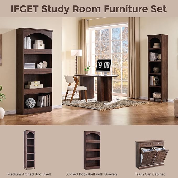 IFGET 76" Tall Arched Bookcase with 1PC Magnetic Lock Drawer, Modern Wooden Arch Bookshelf w/3 Pull-Out Drawers, Farmhouse 4 Tiers Book Shelf w/Open Shelves for Living Room, Office (Brown)