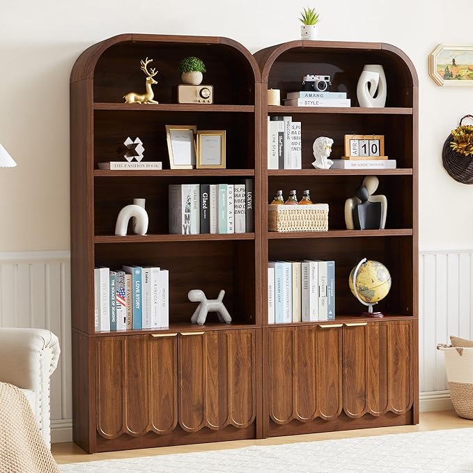 70" Tall Arched Bookshelf with Storage Cabinet Set of 2, Modern 4-Tier Wood Bookcase with Scalloped Doors & Gold Handles, Open Display Shelves for Living Room, Bedroom, or Home Study Office (Walnut)