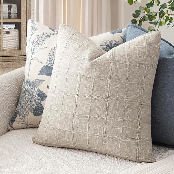 Foindtower Set of 2 Decorative Linen Check Throw Pillow Covers Neutral Farmhouse Vintage Cushion Covers Modern Coastal Boho Home Decor for Sofa Chair Couch Bedroom Living Room,18×18 Inch,Light Grey