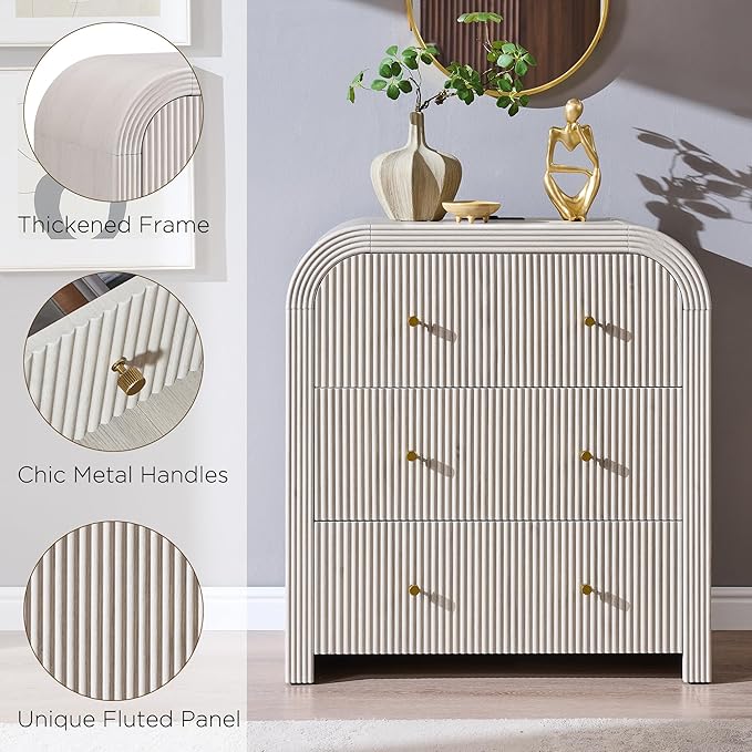T4TREAM Fluted Dresser with 3 Drawers, 32" Tall Modern Chest of Drawers with Thickened Curved Profile Design, Wood Closet Clothes Storage Organizer for Bedroom, Living Room, Hallway, Alder White