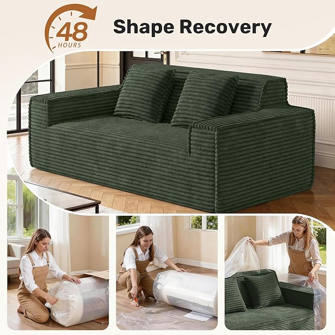 75'' Modern Cloud Loveseat Sofa Set of 2, No Assembly Required Comfy Deep Seat Couches 2 pcs for Living Room, Bedroom, Apartment (Corduroy-Green)