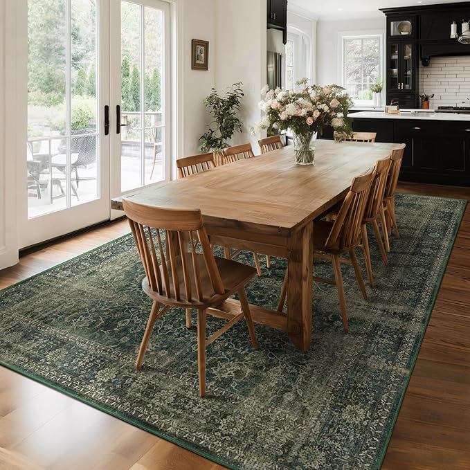 Dark Green 8x10 Rugs for Living Room, Vintage Distressed Large Rug for Bedroom Under Bed, Washable Non Slip Low Pile Moody Earth Tone Carpet Rugs for Dining Room Home Office