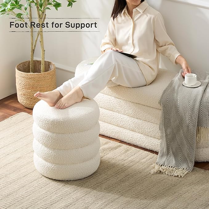 Krcix Round Ottoman with Storage Boucle Ottoman Stool with Storage Removable Lid for Living Room Modern Vanity Sorage Stool Foot Rest Bedroom Dorm Gift Set of 1 (White)