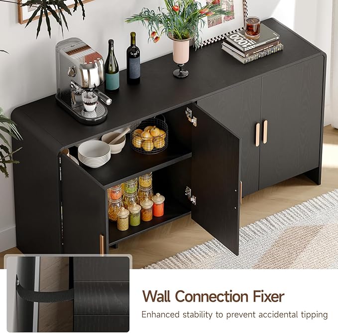 ONBRILL 60" Sideboard Buffet Cabinet with Storage, Curved Design Farmhouse Modern Coffee Bar Cabinet with 4 Doors & Adjustable Shelves for Living Room, Kitchen, Hallway, Black