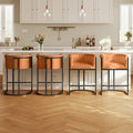 Modern Counter Height Bar Stools,Bar Stools Set of 4,PU Leather Upholstered Barrel Barstools with Backs and Arms,26" Kitchen Island Chairs,Metal Black Frames,Camel Brown Leather