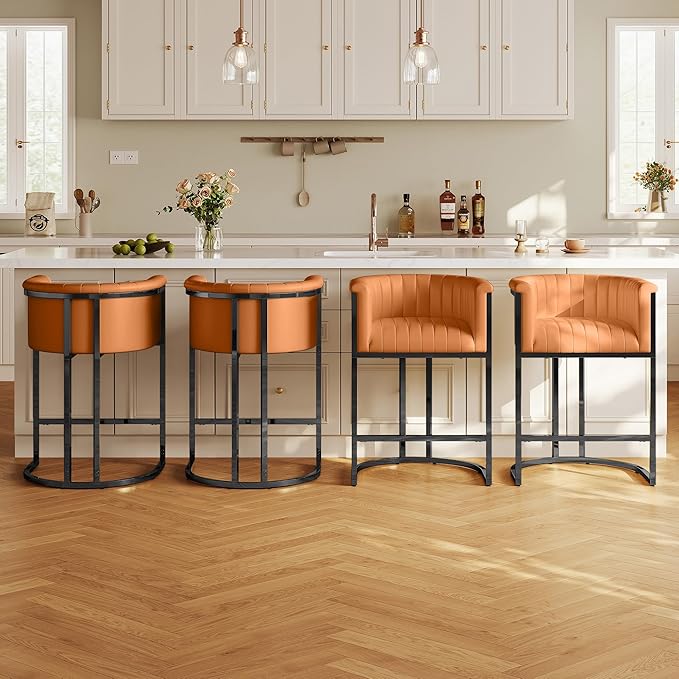 Modern Counter Height Bar Stools,Bar Stools Set of 4,PU Leather Upholstered Barrel Barstools with Backs and Arms,26" Kitchen Island Chairs,Metal Black Frames,Camel Brown Leather