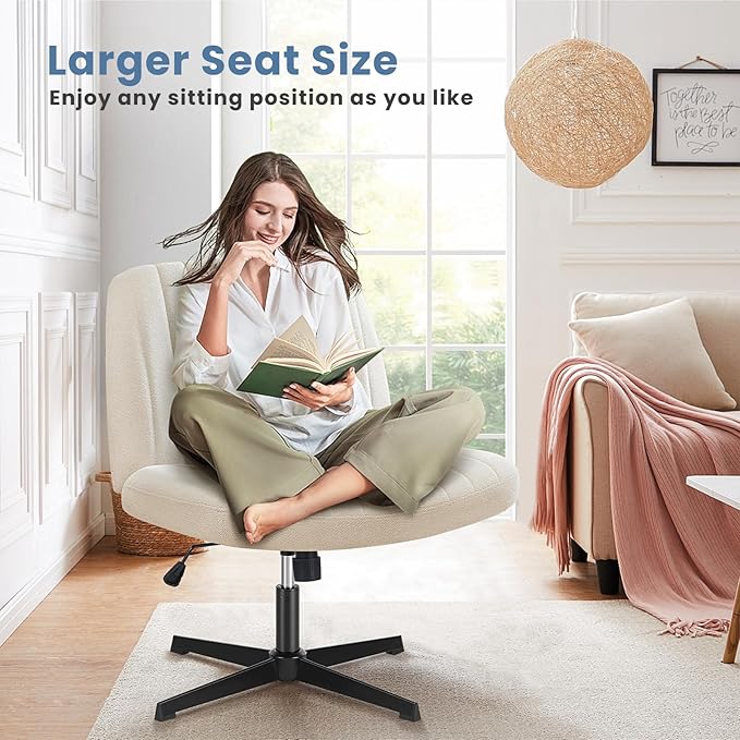 DUMOS Desk Chair No Wheels, Criss Cross Chair Wide Cross Legged Office Desk Vanity Comfy Chair, Armless Adjustable Swivel Chairs for Home Computer Task Beige