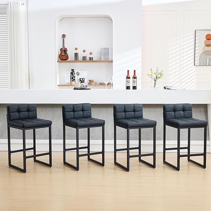 FIRAVOE Bar Stools Set of 4, PU Leather Counter Height Barstools with Low Back and Thickened Metal Legs, 26 Inch Modern Island Chairs for Kitchen Island, Bar, Counter (Black, 4Pcs 26" Counter Stools)