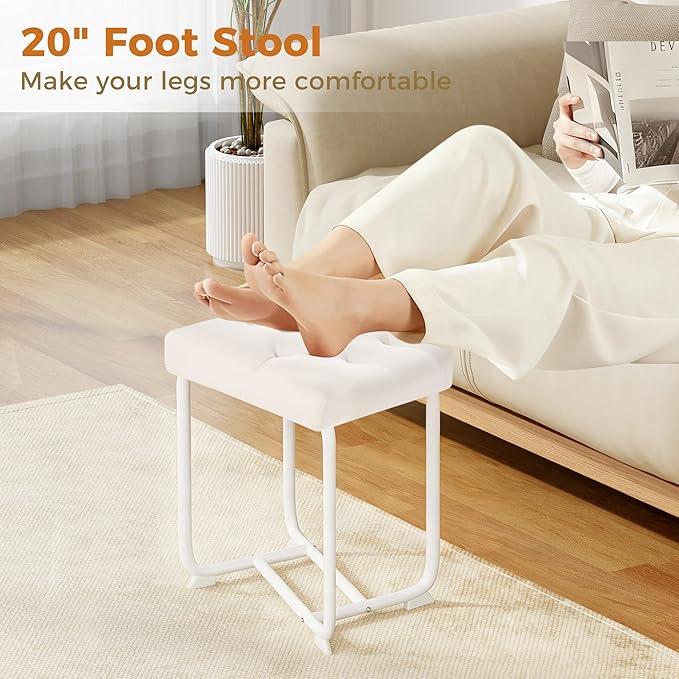 BEWISHOME White Vanity Chair, Leather Vanity Stool, Small Stool Chair for Vanity, Square Ottoman Foot Stool, Makeup Vanity Chairs with Thick Padded Seat for Small Spaces, Bathroom, Bedroom, Entryway