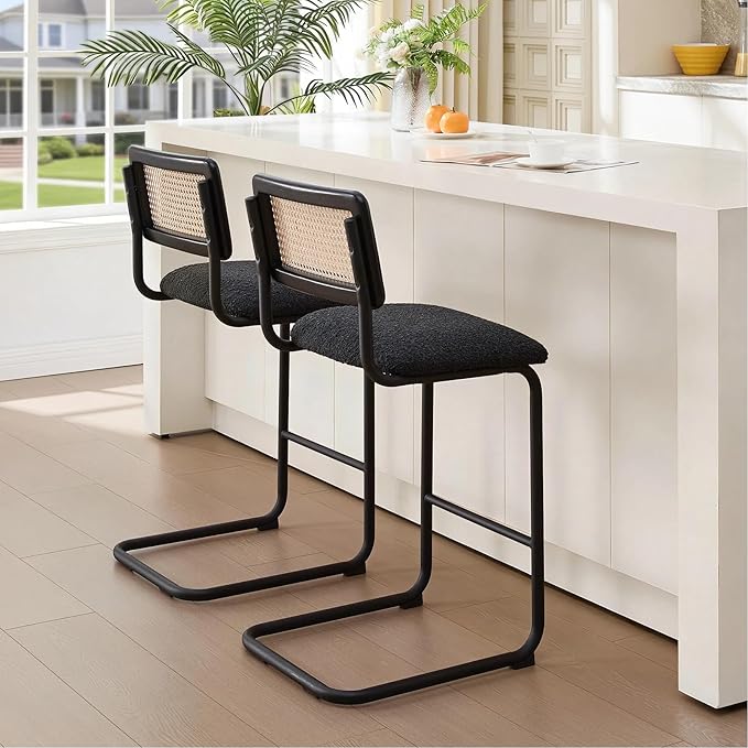 Zesthouse Natural Rattan Counter Stools Set of 2, 26'' Mid Century Modern Counter Height Barstools with Solid Wood Back & Cane Mesh, Upholstered Black Boucle Bar Stools for Kitchen Island, Chrome Base
