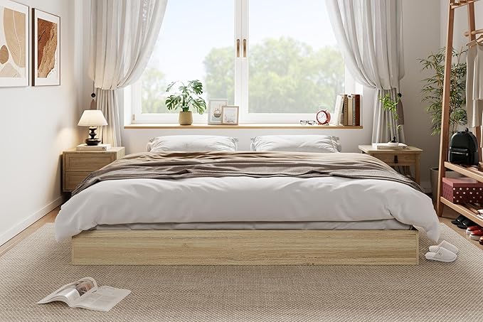 California King Size Solid Wood Platform Bed with Sturdy Wooden Slats, Floor-Standing Bed Frame, Modern Minimalist Design Bed Frame, No Box Spring Needed, Space Saver, Easy Assembly, Golden Tan Wood
