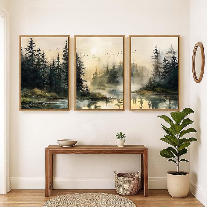 Framed Forest Landscape Wall Art for Living Room, Large 3 Piece Misty Pine Tree Nature Scenic Artwork for Walls, Rustic Woodland Sunset Canvas Painting Prints for Office Bedroom Wall Decor, 24x36 Inch