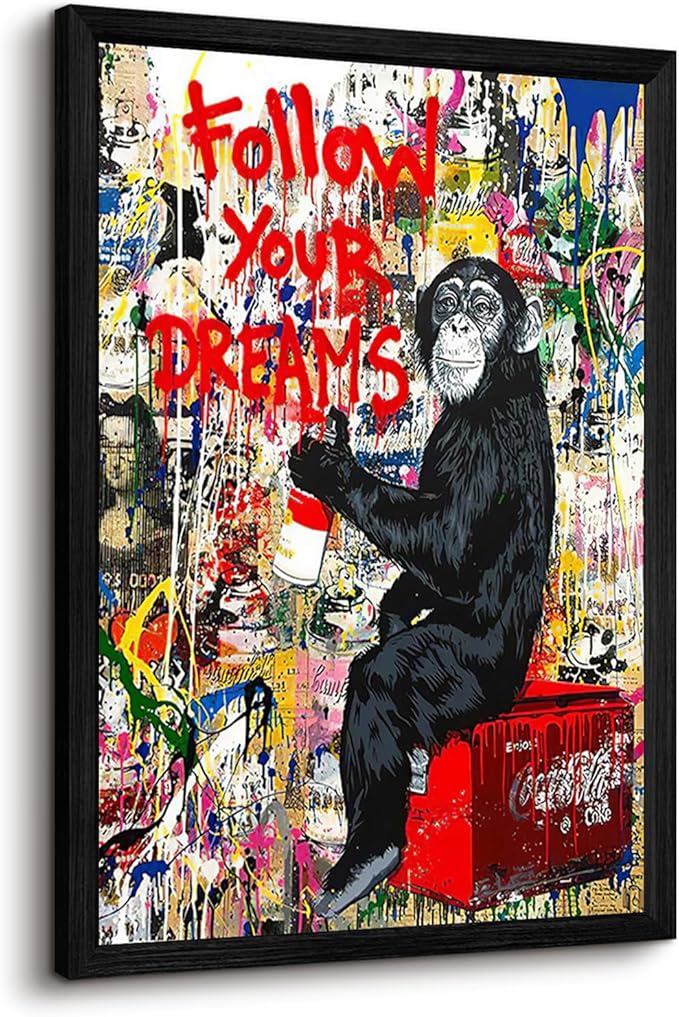 Banksy Canvas Wall Art Monkey Follow Your Dreams Street Graffiti Wall Art Banksy Prints Gorilla Poster Monkey Artwork Graffiti Pictures Painting for Home Living Room Decor 16x24 Inch Black Framed