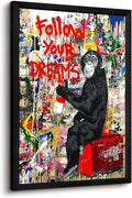 Banksy Canvas Wall Art Monkey Follow Your Dreams Street Graffiti Wall Art Banksy Prints Gorilla Poster Monkey Artwork Graffiti Pictures Painting for Home Living Room Decor 16x24 Inch Black Framed