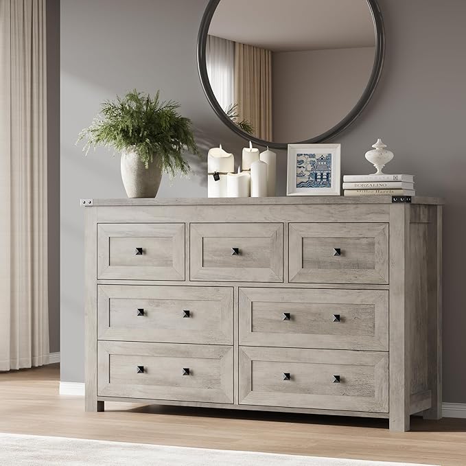 BORNOON 7-Drawer Dresser, Modern Wooden Storage Chest of Drawers, Dresser TV Stand, Wood Drawer Organizer with Metal Handles for Bedroom, Living Room, Hallway