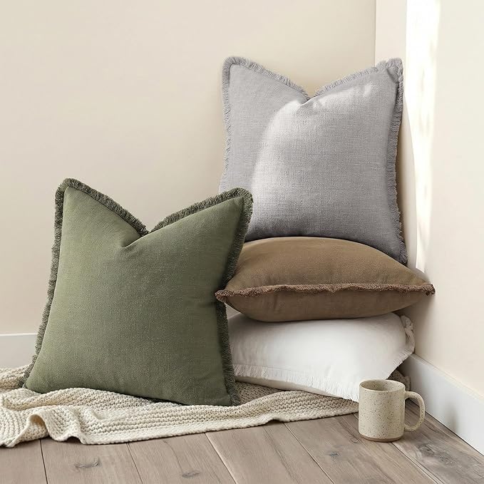 decorUhome Summer Decorative Neutral Linen Fringe Euro Sham Throw Pillow Covers Set of 2 Light Grey Pillow Covers with Tassels Soft Farmhouse Boho Accent Pillow Cases for Couch Bed Sofa 24x24 Inch