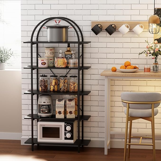 Arbuxzuy Arched Bookshelf 5 Tier Book Shelf, 31.5 Inch Width Industrial Arch Bookcase, Curved Tall Bookshelf with Open Shelves for Home Office, Living Room, Bedroom, Black