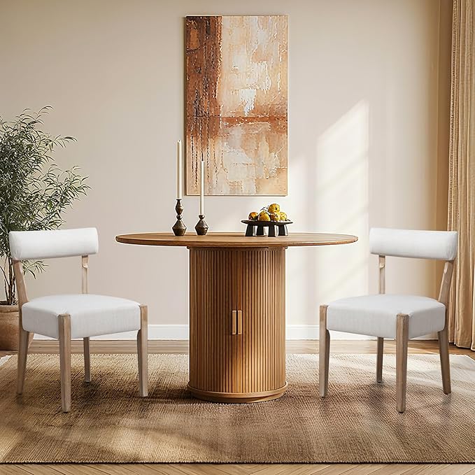 ZJhome Dining Chairs,2 Pack Mid-Century Modern Wooden Kitchen Chairs with Linen Upholstery - Low-Back Woven Design for Kitchen & Dining Room,Beige Fabric
