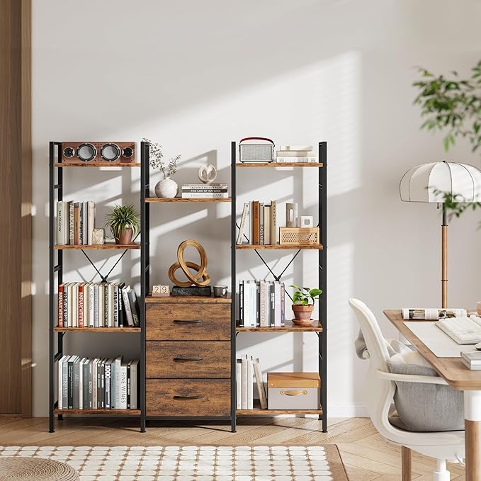 AFLUI Triple Bookshelf with 3 Fabric Drawers, 4-Tier Book Shelf and 10 Display Shelves, Industrial Large Bookcase for Home & Office, Rustic Brown, 47'' Wide