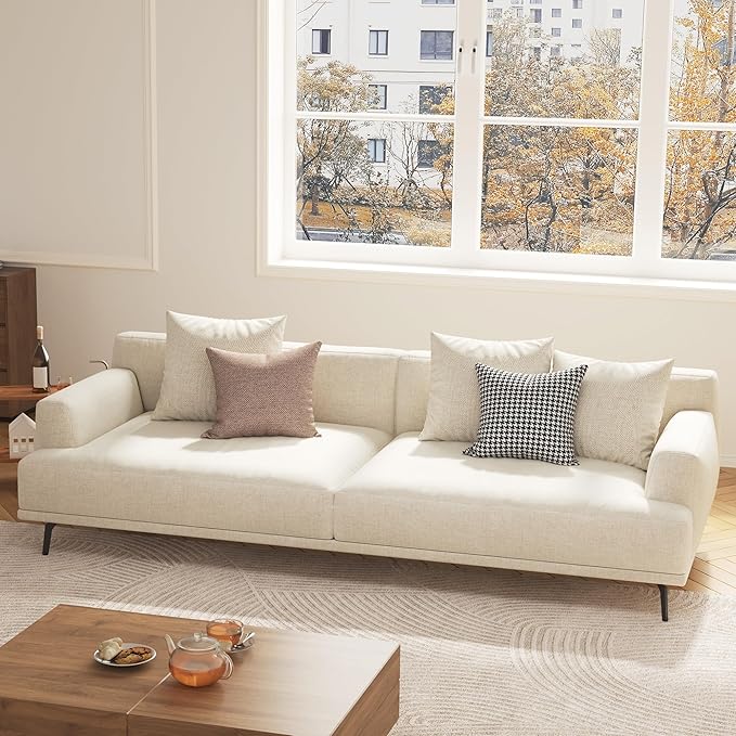 3-Seater Living Room Sofa - Modern Leisure Modular Sofa with Wooden Frame and Metal Legs, Soft Cotton-Linen Fabric, Easy to Install, Suitable for Office, Apartment, and Living Room, Grey, 82.6"