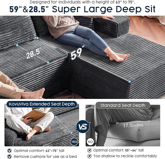Grey Sectional Couch with Ottoman, 108" Cloud Modular Couch for Living Room, Modern U-Shaped Sofa, No Assembly Required - Plush Corduroy Fabric & Deep Seat Comfort (Left Facing Chaise)