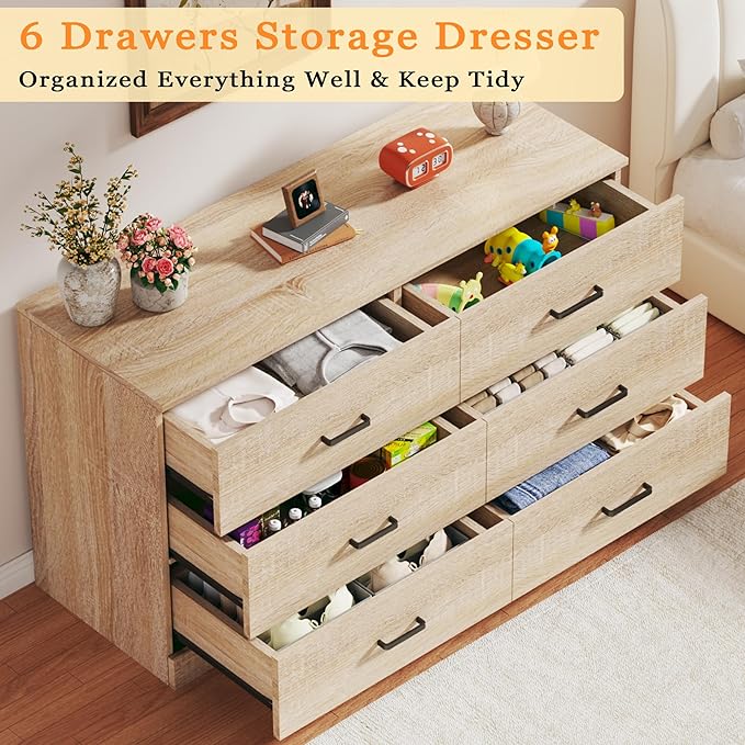 Dresser for Bedroom with 6 Drawers, Wooden Dresser with Metal Handles, Mid Century Modern Bedroom Dressers, Large Storage Organizer for Entryway, Light Oak