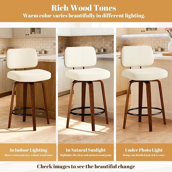 Counter Height Bar Stools Set of 3, 26+inch Swivel Faux Leather Barstool with Back, Upholstered Mid-Century Modern Bar Chairs with Bent Wood Legs for Kitchen Counter, Dining Room, Cream White