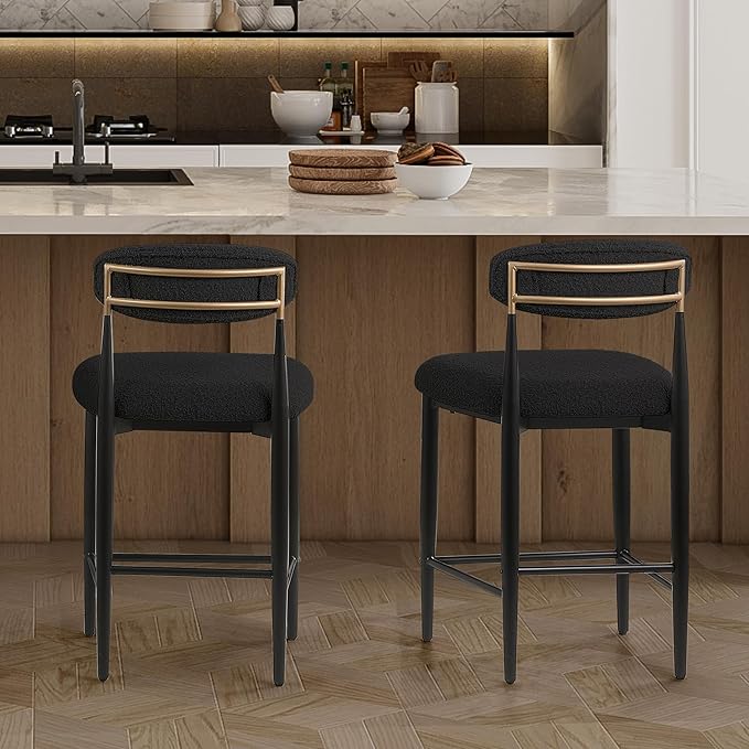 Morden Fort Modern Counter Height Bar Stools Set of 4, Black Upholstered Counter Stools with Gold Accent, 26" Boucle Island Chairs for Kitchen and Home Bar