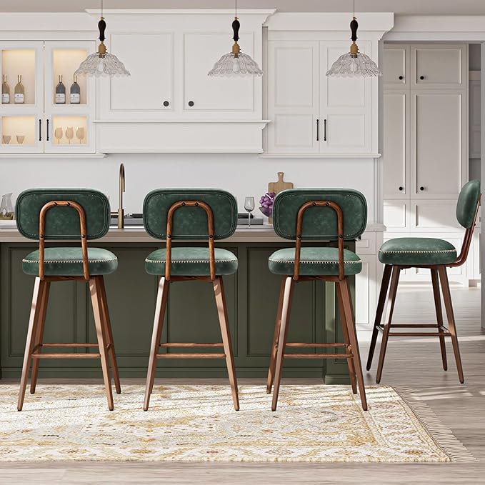 MALOL 26“ PU Leather Swivel Bar Stools Set of 4, Mid Century Counter Height Bar Chairs with Low Back and Metal Legs, Modern Bar Stool Chair for Kitchen Island, Green