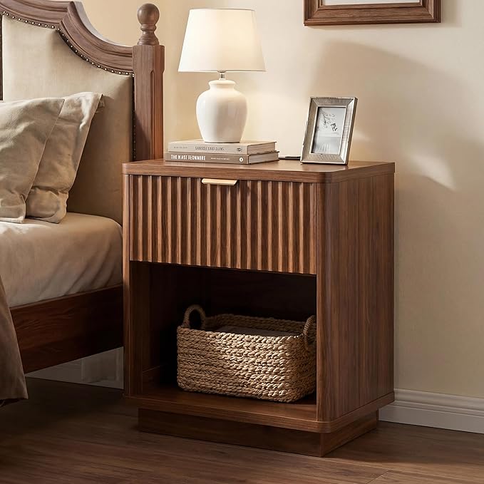 Nasonet Fluted Nightstand with Charging Station, Wood Modern Night Stands Storage Cabinet for Bedroom, Walnut Bedside Table with Drawers
