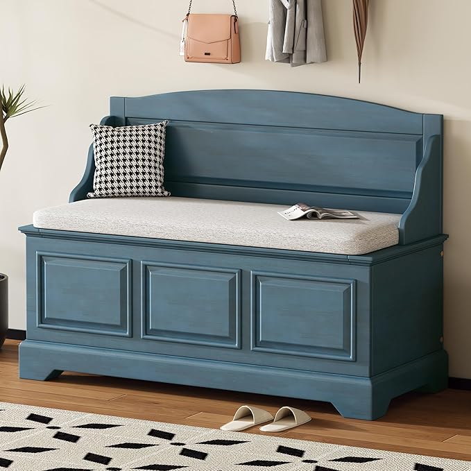LUMISOL Shoe Storage Bench with Cushion, 41.7” Farmhouse Entryway Bench with Soft-Close Devices and Hidden Storage, Upholstered Storage Ottoman for Living Room, Entryway, Bedroom, Antique Navy