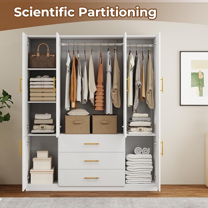 White Wardrobe Closet with Doors, 3 Drawers, Hanging Rods, Metal Handles, Large Capacity, Modern Minimalist Design, Textured Finish，Ideal for Bedroom 63.0" W x 20.47" D x 74.21" H (26)