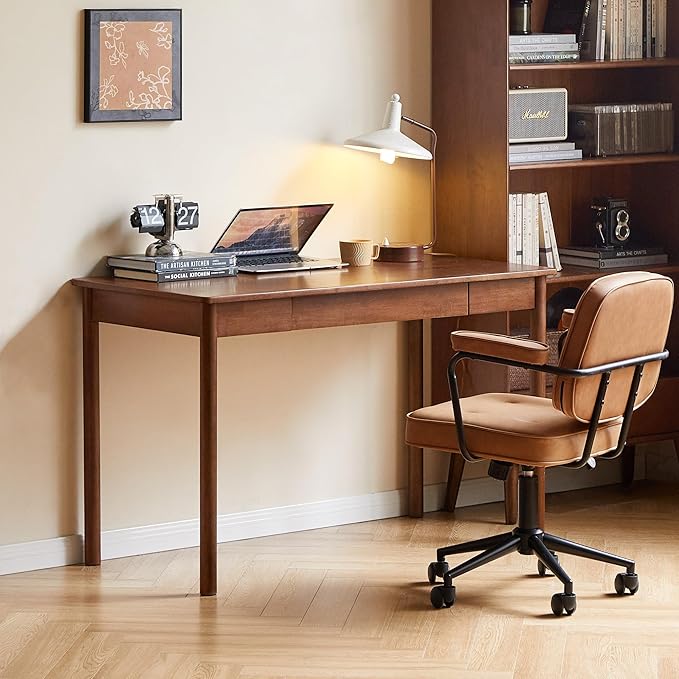 100% Solid Wood Desk, Home Office Writing Desk, Mid Century Modern Computer Desk with Drawers for Study Living Room 35" W