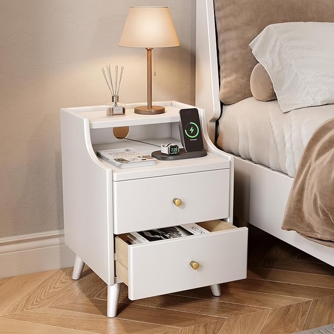 Narrow Nightstand with Drawers, 15.7" Slim Solid Wood Bedside Table with Open Shelf & Cable Hole, Modern Storage Side Table for Bedroom, Living Room, White