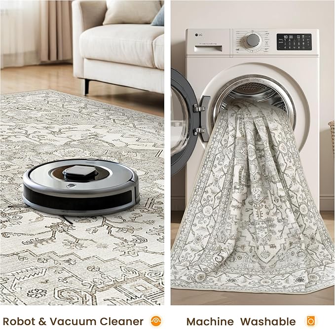 Living Room 10x14 Area Rugs, Washable Area Rug Stain Resistant Carpet Vintage Soft Rugs for Bedroom with Non Slip Backing Indoor Home Decor (10'x 14',Beige)