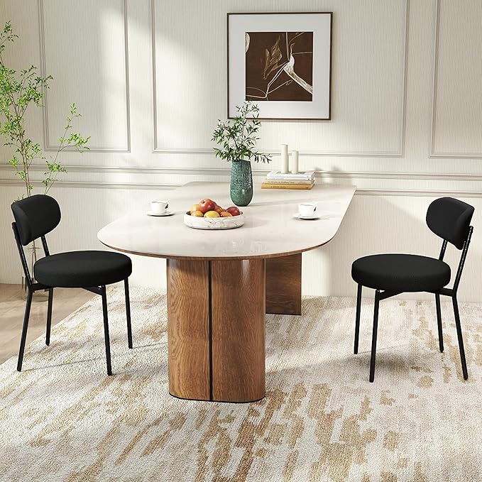 Murago Dining Chairs Set of 2 pcs, Boucle Comfortable Upholstered Seat Fabric with Curved Backrest, Mid Century Modern Contemporary Scandinavian Designer Chairs Ideal for Dining Room, Kitchen, Black