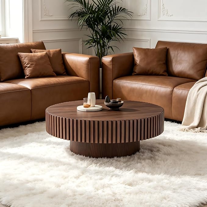 KEVINSPACE Round Coffee Table, 39" Big Wooden Fluted Coffee Table with Fluted Base, Circle Accent Center Table for Living Room Apartment Office Small Space, Easy Assembly, Walnut
