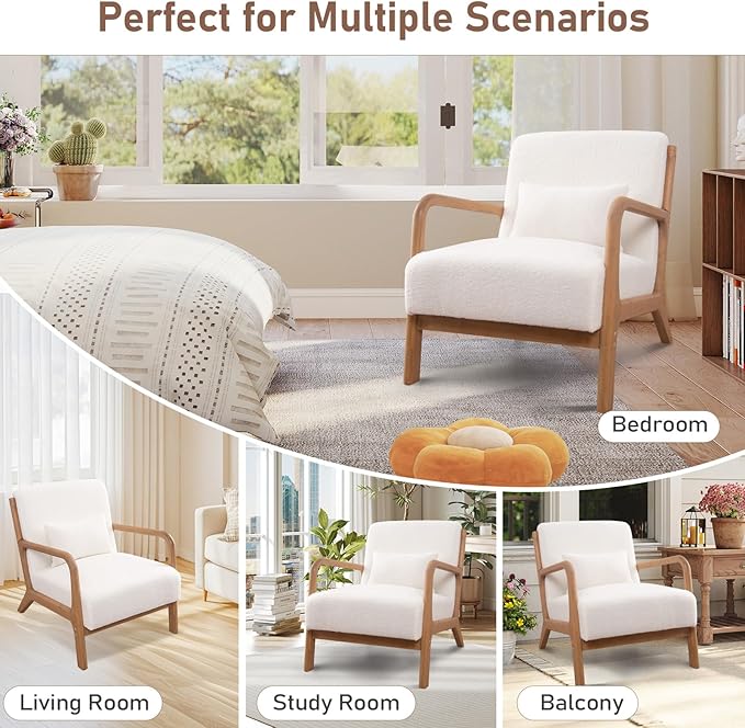 ANJ Mid Century Modern Accent Chair Set of 2, Single Boucle Lounge Reading Armchair with Solid Wood Frame, Easy Assembly Arm Chairs for Living Room, White