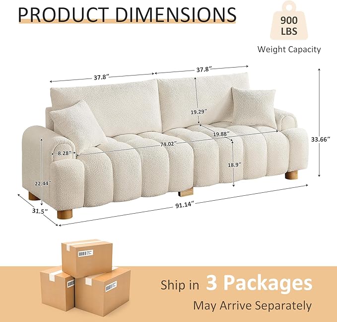 VANOMi Boucle Sofa Couch, 91" Comfy Tufted Upholstered Cloud Couches, Modern 3 Seater Sofa with Pillows, Oversized Deep Seat Sherpa Couch for Living Room, Bedroom, Apartment (White)