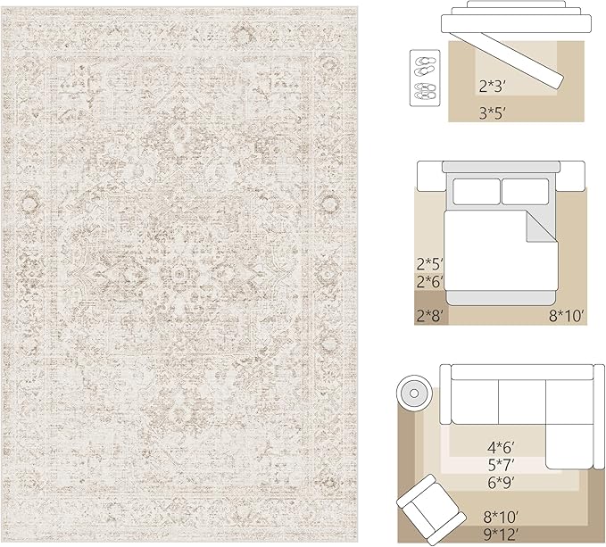 FMFUNCTEX 2x10 Runner Rug Beige Washable Vintage Neutral Oriental Distressed Non Slip Low Pile Indoor Carpet Retro Hallway Entryway Rug for Kitchen Living Room Bedroom Bathroom Laundry Entry Bedside