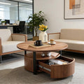 33.07" Round Coffee Table with Storage, 2 Tier Modern Wood Center Table with Drawer, 2 Tiers and 1 Drawer, Accent Table for Living Room, Apartment, Small Space.(Walnut)