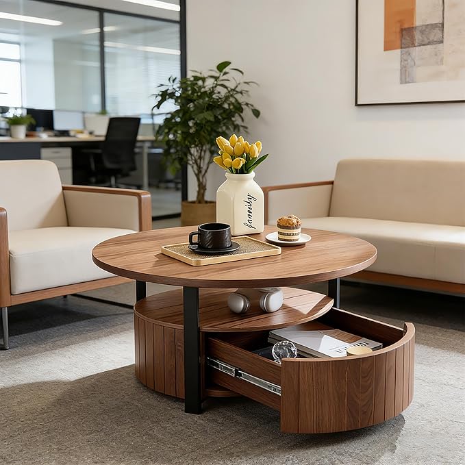 33.07" Round Coffee Table with Storage, 2 Tier Modern Wood Center Table with Drawer, 2 Tiers and 1 Drawer, Accent Table for Living Room, Apartment, Small Space.(Walnut)